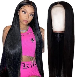 Weeybay Real Hair Wig, Straight Human Hair Wig, Glueless Wear and Go 4 x 1 Lace Closure Wigs, Women's Natural Black Colour with Baby Hair, Bleached Knot for Woman, 51 cm