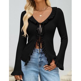 ZESICA Womens 2025 Fall Tie Front Bow Cardigan Sweaters Long Bell Sleeve V Neck Ruffled Knit Cropped Trendy Tops Black Small
