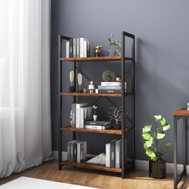 VERMESS 4 Tier Bookshelf, Tall Book Shelf, Vintage Industrial Bookcase with Open Display Shelves, Wood Storage Shelving Unit Metal Frame Standing Bookshelves for Bedroom/Home/Office, Rustic Brown