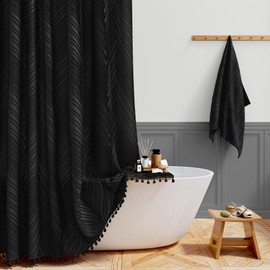 BTTN 96 Long Shower Curtain, 72x96 Extra Tall Boho Tufted Textured Striped Tassel Shower Curtain Set with Hook, Farmhouse Vintage Aesthetic Country Shabby Chic Shower Curtains for Bathroom, Black