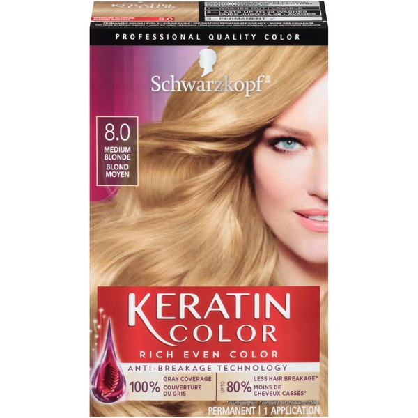 Schwarzkopf Keratin Color Anti-Age Hair Color Cream, 8.0 Silky Blonde (Packaging May Vary)