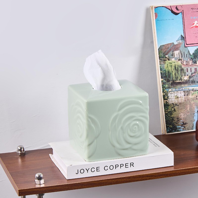 Light Green Ceramic Cube Tissue Box Cover with Rose –