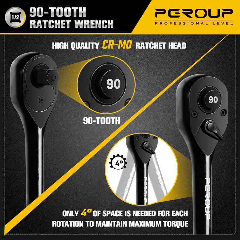 pgroup 1/2-Inch Drive Ratchet Wrench, 90 Tooth Reversible Ratchet, 4-Degree
