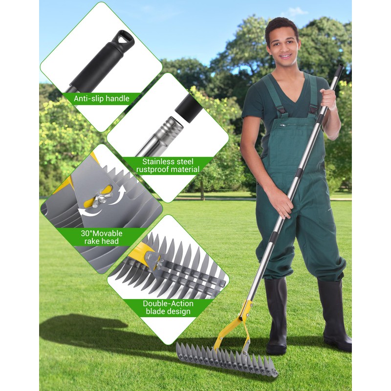 Thatch Rake,Dual-Sided Lawn Dethatcher with Stainless Steel Tines Efficient Thatching