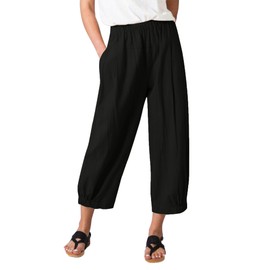 Les umes Women's Cotton Pants Casual Capri Pants Elastic Waist Solid Trouser Loose Baggy Harem Pants with Pockets Summer Black S