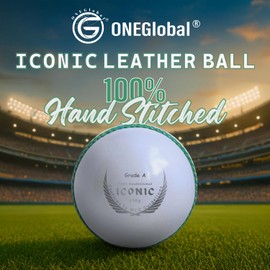 ONEGlobal Iconic Leather Cricket Ball | 100% Handstitched, 156g - 5.5oz, 4-Piece Waterproof Construction | Match Quality Hard Cricket Balls