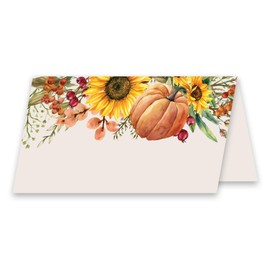 Koko Paper Co Thanksgiving Place Cards with Pumpkin and Sunflowers (50 Count) | Printed on Heavy Card Stock | No Holder Necessary