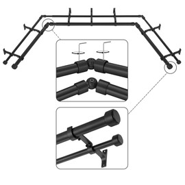 Mayrhyme Black Double Corner Window Curtain Rods with Aluminum End Cap Finials and Brackets,1 Inch Diameter Dual Bay Window Curtain Rods, Adjustable 2 Sided 32-58" and 32-86 Center Double Rod