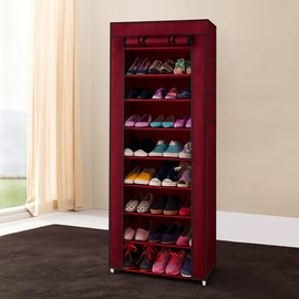 ELOMBR 10-Tier Non-Woven Fabric Shoe Rack, Large Shoe Shelf, 2 Side Pockets Shoes Storage Cabinet Organizer with Dustproof Cover for Closets, Bedrooms, Garages, Wine Red