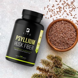 Fibra de Psyllium Husk (Plantago Ovata) 240 Cápsulas 2000 mg por porción. Ingredientes Naturales. Psyllium Husk Fiber B Life