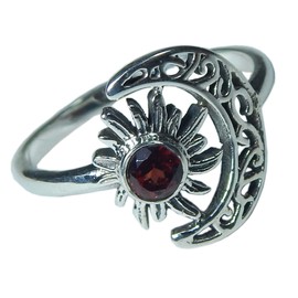 Myhealingworld Crescent Moon And Sun Garnet Round Faceted Gemstone 925 Sterling Silver Ring Jewelry for Good Luck Promise Ring Birthday Gift (Garnet Size 9.5)