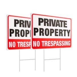 MUXYH 2 Pack Private Property No Trespassing Signs with Metal Wire H-Stakes, 12'' X 9'' Corrugated Plastic Double Sided No Trespassing Sign Protect Your Home, Safety and Privacy