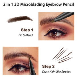 Microblading Eyebrow Pencil for Women, 2-in-1 Eye Brow Pencil with 4-Fork-Tip & Precise Brush-Tip 3D Tatoo Tint Smudgeproof Long Lasting Natural Hair Like Eye Contouring Pen One Day (Light Brown)