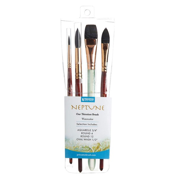 Princeton Artist Brush, Neptune Series 4750, 4-Piece Synthetic Squirrel Watercolor Paint Brush Set, Includes Aquarelle, Oval Wash & Round Brushes