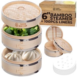 6 inch Dumpling Bamboo Steamer 2 Tier (Steel Reinforced) W/ 100PCS Liners - 2 Bamboo Steamer Basket & Lid, Dumpling Steamers For Food Cooking Steaming Bao Bun, Dim Sum Chinese Asian & Vegetables