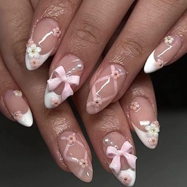 White French Tip Press on Nails Short Almond Fake Nails with Bow Pearl Flower Charm Designs Light Pink Full Cover Glue on Nails Press ons Cute Acrylic False Nails for Women Girls 24 Pcs