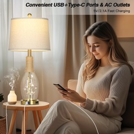 27.5" Boho Rattan Glass Lamps with USB A+C Ports & AC Outlets, Farmhouse Rustic 3-Way Dimmable Touch Control Night Light Table Lamps Set of 2, Vintage Retro Bedside Lamps for Living Room Bedroom Gold