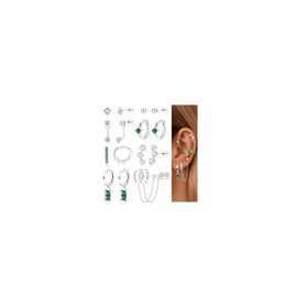 Small Gold Hoop Earrings Set for Women - 14K Gold Plated Hypoallergenic Huggie Hoop Studs Earring Stacks for Sensitive Ears - Cartilage Earring Sets for Multiple Piercing 8 Pairs,Sliver Green CZ