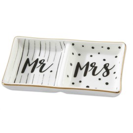 Kate Aspen Engagement Ring Jewelry Dish - Set of 2 - Mr and Mrs Ceramic Trinket Tray Wedding Accessories
