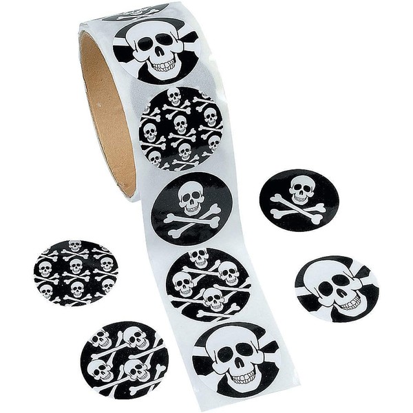 Fun Express Skull Stickers (100ct) 4 Cool Designs, 1 1/2" Round Stickers, Halloween, Pirate, Party Favor Accessories, Stationery