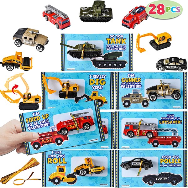 JOYIN 28 Packs Valentines Day Cards with DieCast City Vehicles Toys for Kids Valentine Party Favor, Classroom Exchange Prize and Gifts for Boys, Valentine’s Greeting Cards