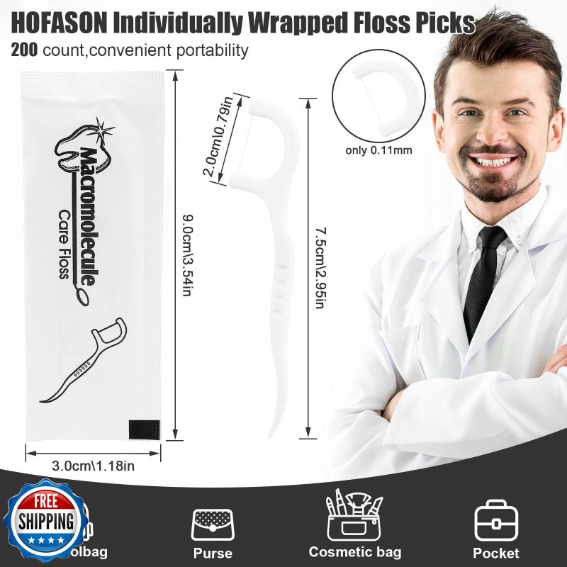 HOFASON 200 Count Individually Wrapped Floss Picks Dental Floss Sticks