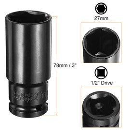 HARFINGTON Deep 6-Point Impact Socket 1/2" Drive 27mm Metric Socket 3" Length with 1/4" Hex Shank Adapter, CR-V Steel Socket Adapter Accessory Tool Set Kit for Hex Bolts Nuts