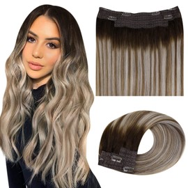 LaaVoo Invisible Extensions Real Hair Highlighted Invisible Wire Hairpiece 16 Inches Ash Blonde with Light Blonde Real Hair Weft with Secret Wire Extensions 80 g Real Human Hair