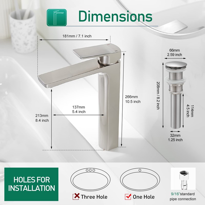 VOTON Brushed Nickel Vessel Sink Faucet Single Handle Tall Bathroom