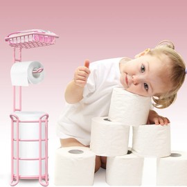 Pink Toilet Paper Holder Stand Tissue Holder for Bathroom Floor Standing Toilet Roll Dispenser Storage 4 Reserve Mega Rolls, Phone, Wipes