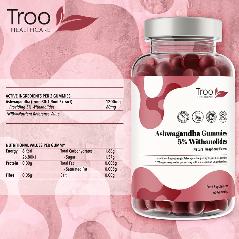 Ashwagandha Gummies 1200mg - 60 Delicious Natural Raspberry Flavour Gummy
