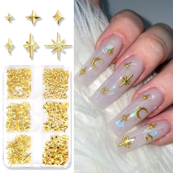 3D Star Metal Nail Art Charms, Mixed Styles Gold Metallic