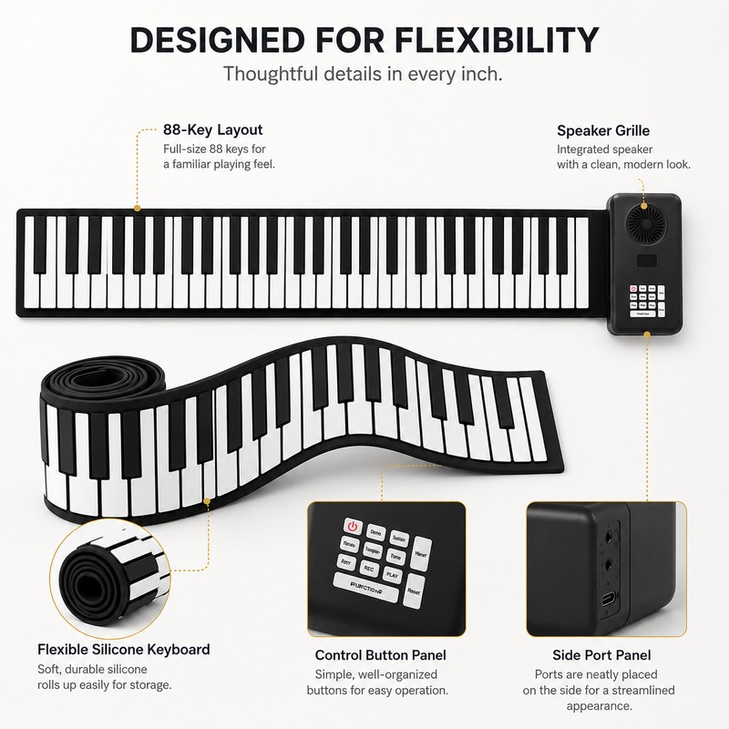 88-Key Roll Up Piano Keyboard for Home Practice – Portable