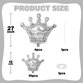 Silver Crown Balloons,14Pcs Silver Foil Crown Balloons,27Inch and 12Inch Silver Crown Helium Mylar Balloons for Princess Prince Birthday Wedding Baby Shower Party Decorations