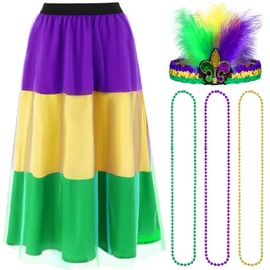 Jeere 5 Pcs Mardi Gras Costume Accessory Set Skirts Mesh Long Skirt Mardi Gras Feather Headband Beads Necklace(3 Stripe,L)
