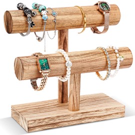ProCase 2 Tier T-Shape Wooden Bracelet Holder, Removable Bracelet Holder, Jewellery Holder, Bracelets Display, Vintage Bracelet Stand, Watch Stand, Storage for Bangles, Hair Clips, Watches, Natural