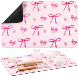 Tinideya Pink Bow Dish Drying Mat Large for Kitchen Counter Absorbent Coffee Bar Pad Kitchen Counter Accessories Machine Wash Mat 16 x 24 Inch