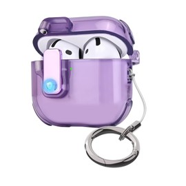 DiyGody Compatible for AirPods 4 Case with Carabiner, Unique Security Auto Lock Clip Design for Women Men TPU Semi-transparent Shockproof Bumper Cover for AirPods 4 2024- Purple