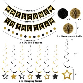 Roetyce Welcome To The Team Party Decorations Women Men, Black Gold Welcome To The Team Banner Honeycomb Balls Hanging Swirls, Join the Team Office Party Supplies for New Employee Coworker Team Member