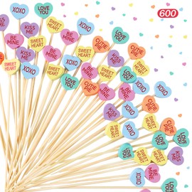 Maxcheck 600 Pcs Valentine‘s Day Cocktail Picks 4.7 Assorted conversation Hearts Bamboo Toothpicks Food Skewers for Appetizers Fruit Sticks for Party Decoration, 6 Styles(Heart Truck)