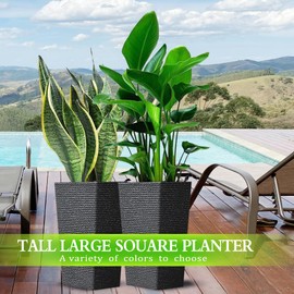 2 Pcs Pack Heavy Duty Plastic Resin 17 Inches Tall Tapered Planter Pots Large Square Planter Flower Pot with Drainage Holes for Indoor Outdoor Deck Porch Garden Home Patio Front Door (Black, S)