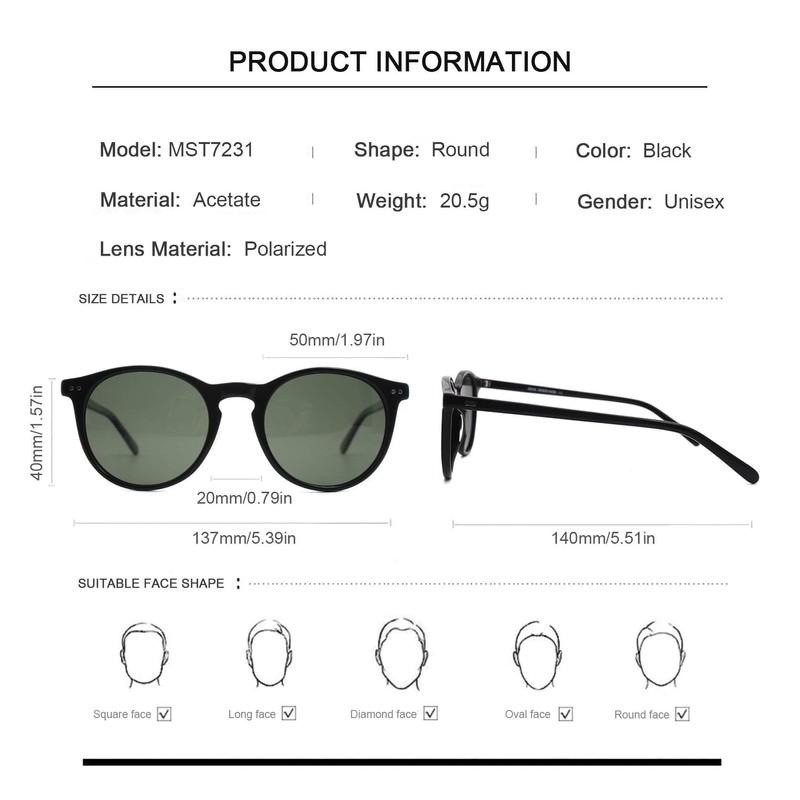 MOSTAR Classic Round Polarised Sunglasses UV400 Protective Lens with Acetate