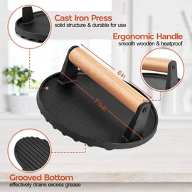 Onader 12 Inch Melting Dome Smash Burger Press Set, Stainless Steel Basting Cover with Cast Iron Bacon Press