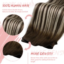 Fshine Human Hair Weft Extensions 16 Inch Balayage Dark Brown Highlights Platinum Blonde Straight Human Hair Weft Extensions Sew in Extensions Brazilian Human Hair 50 Grams