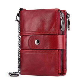 Real Leather RFID Blocking Bifold Wallets for Men Double Zipper Coin Pocket Purse with Anti-Theft Chain (002-Red)
