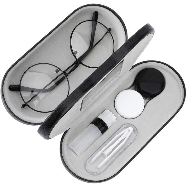 MoKo Double Eyeglass Case, Contact Lens Case with Mirror Tweezers Remover, 2 in 1 Double Sided Portable Contact Lens Box Holder Container Soak Storage Kit Sunglasses Pouch for Men & Women, Black