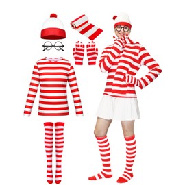 houdanspt Adult Red and White Striped Shirt With Accessory Halloween Outfit Suit Women Small