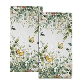 Sage Green Leaves Hand Towels for Bathroom Set of 2 Spring Green Floral Bath Towels 14X28 Inch Spring Kitchen Towels Soft Absorbent Decorative Quick Drying Fingertip Towels for Shower Face Gym Spa