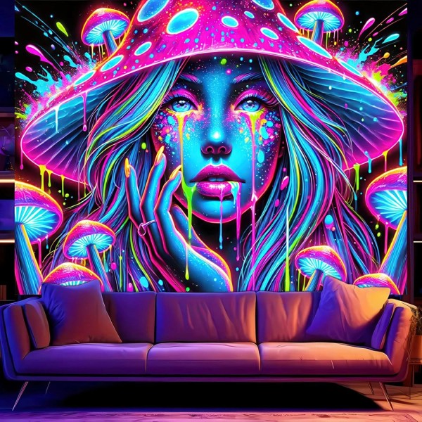 BlissYard Glowing Tapestry 78x59 Inch UV Reactive Tapestry Psychedelic Mushroom