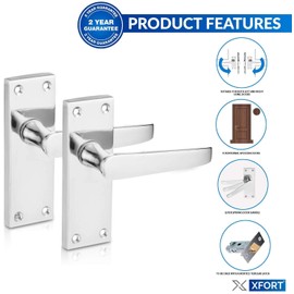 XFORT® Lever Latch Flat Polished Chrome Door Handles, Elegant Door Handle Set for Wooden Doors, Classic Victorian Straight Design, Ideal for All Types of Internal Doors [1 Pair].